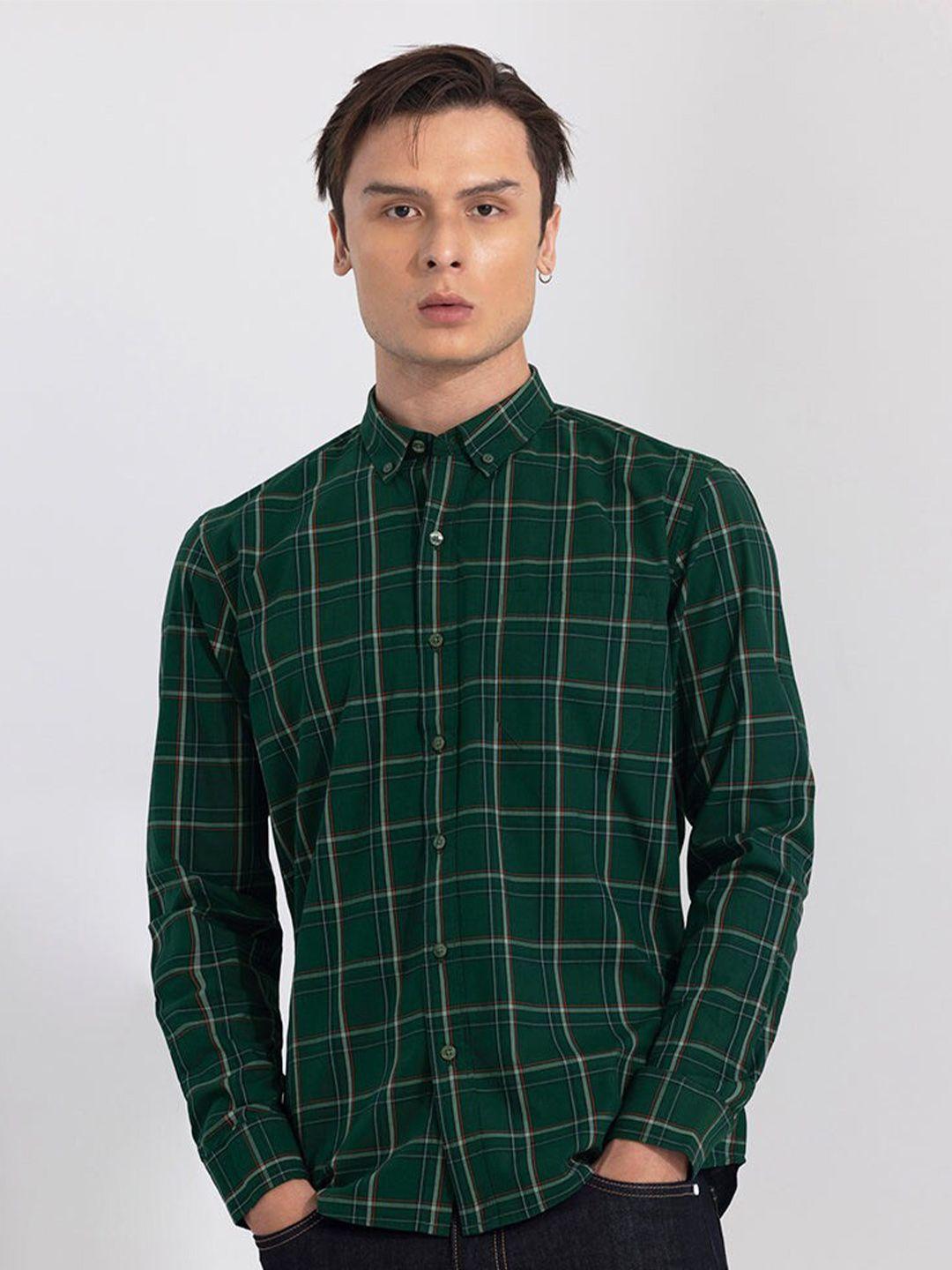snitch men green classic slim fit opaque checked casual shirt