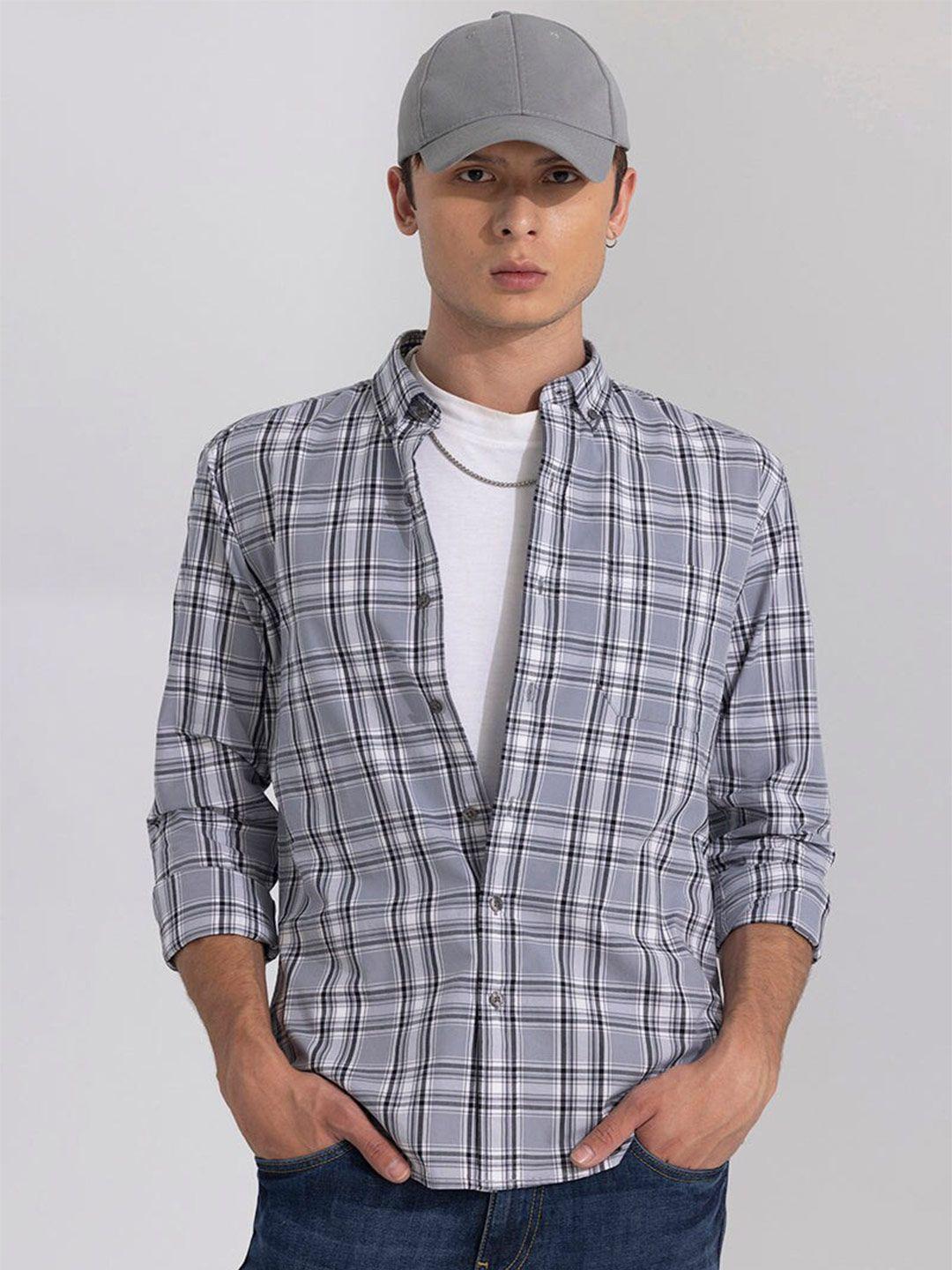 snitch men grey classic slim fit opaque checked casual shirt