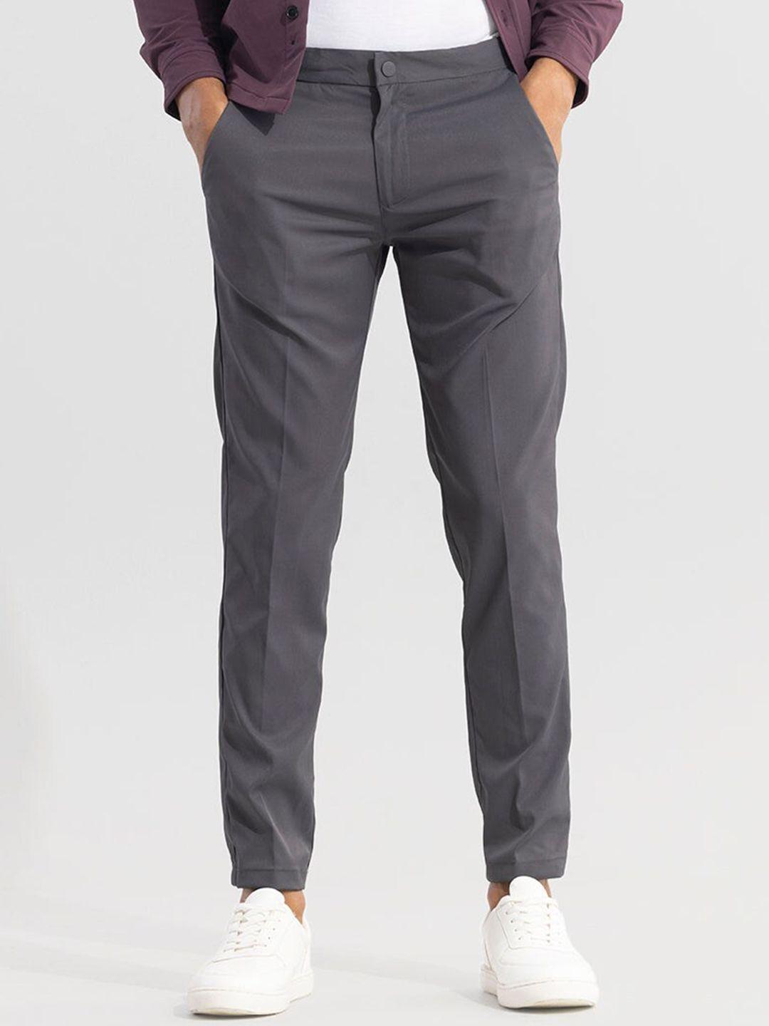 snitch men grey smart slim fit mid-rise trousers
