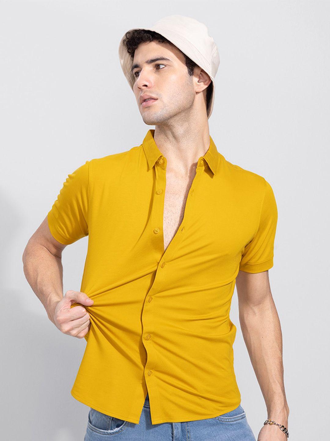 snitch men mustard slim fit cotton casual shirt