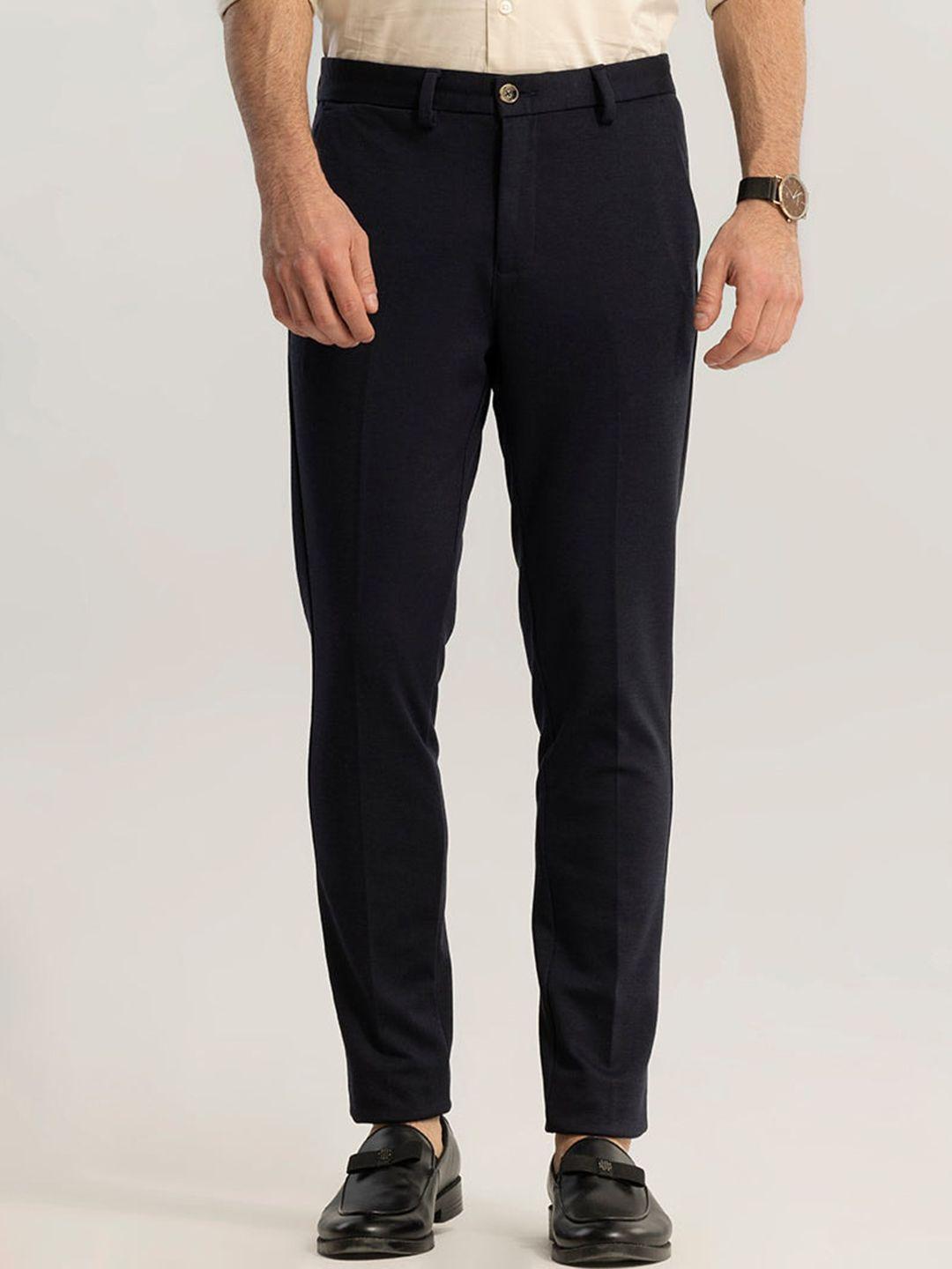 snitch men navy blue slim fit mid-rise plain cotton formal trousers
