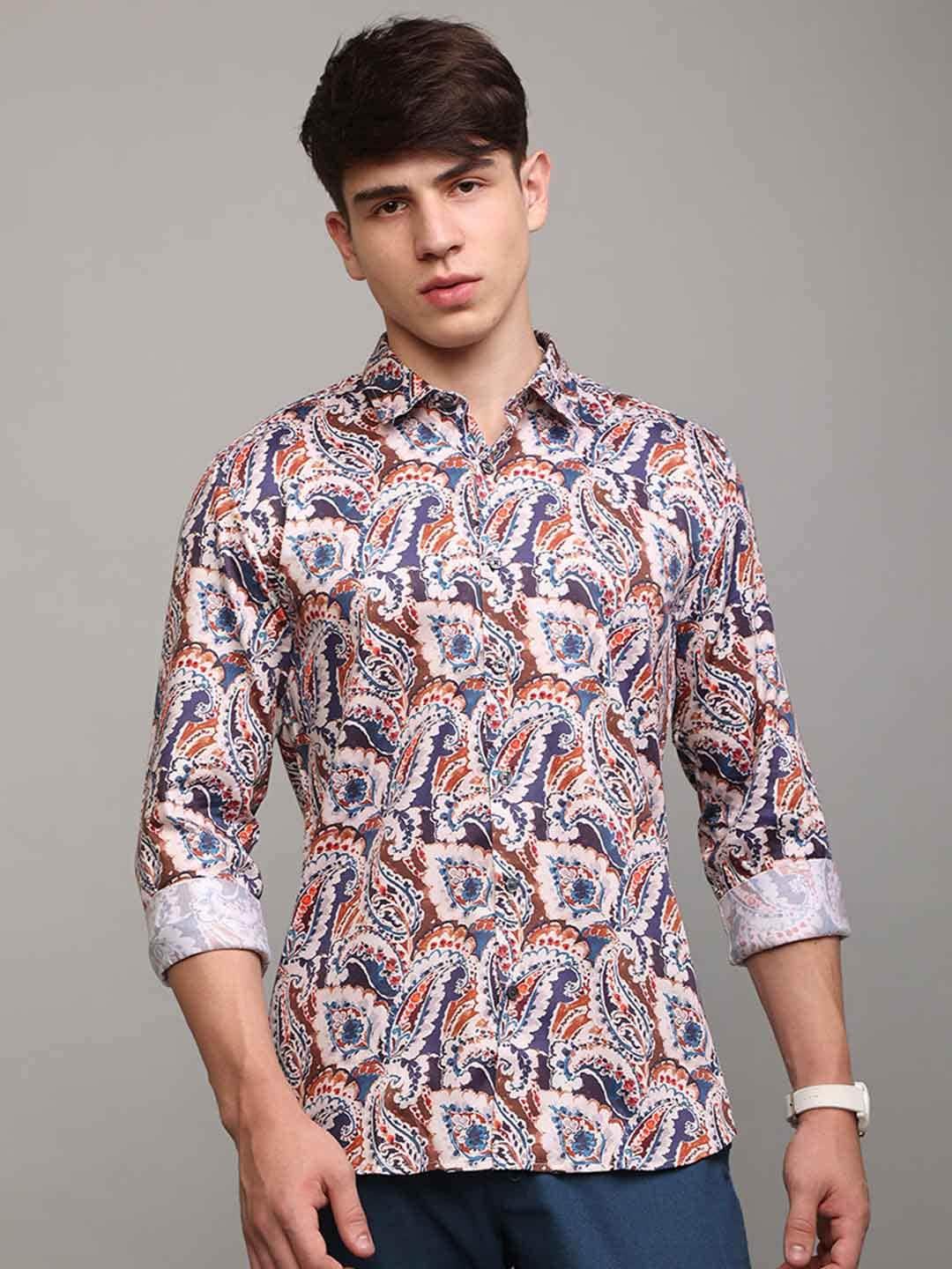 snitch men off white & blue slim fit printed casual shirt