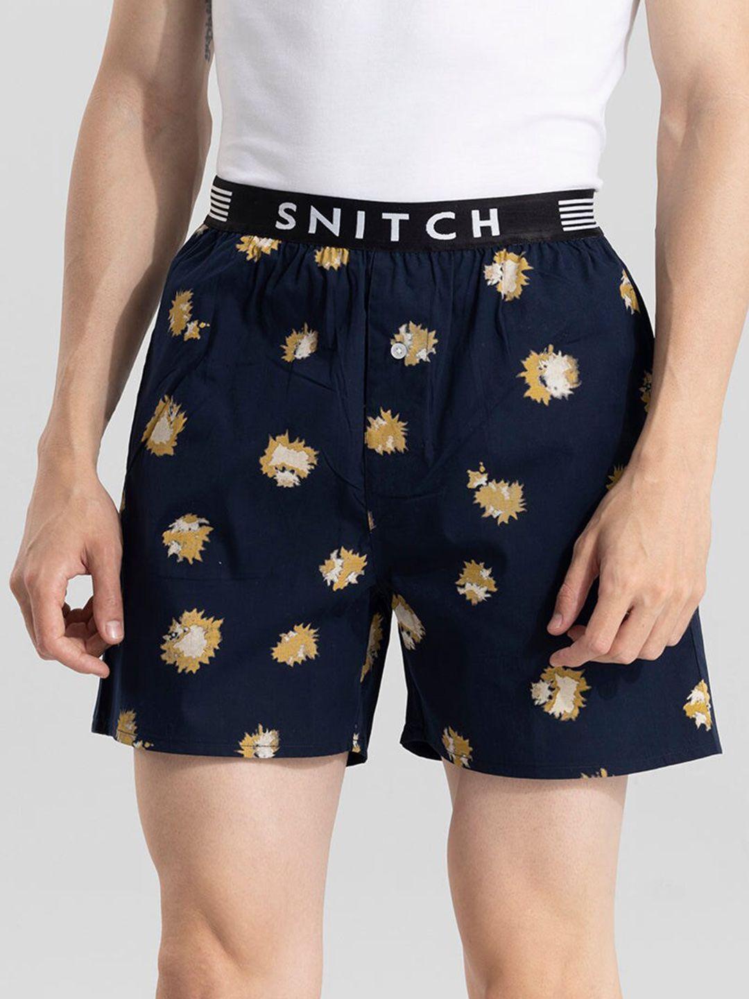 snitch navy blue & beige printed cotton outer elastic boxers 4msbx9217-02-s