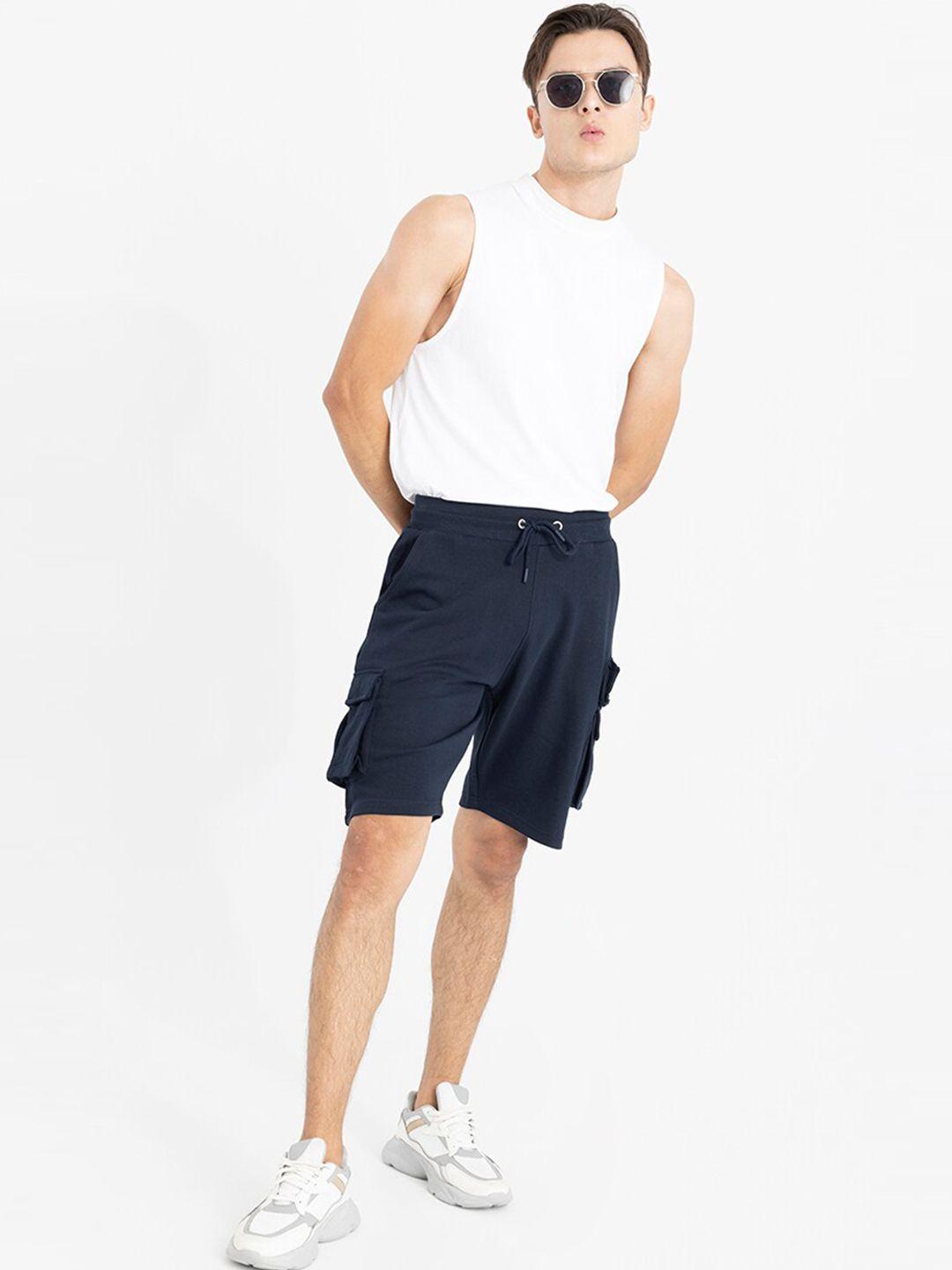 snitch navy blue men mid rise slim fit cargo shorts