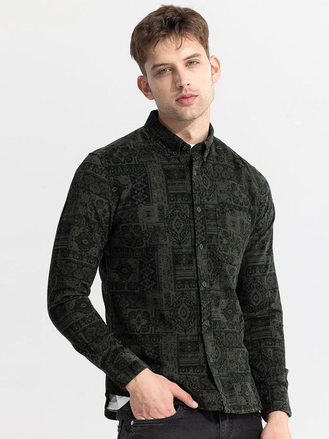 snitch olive ethnic motifs printed classic pure cotton casual shirt
