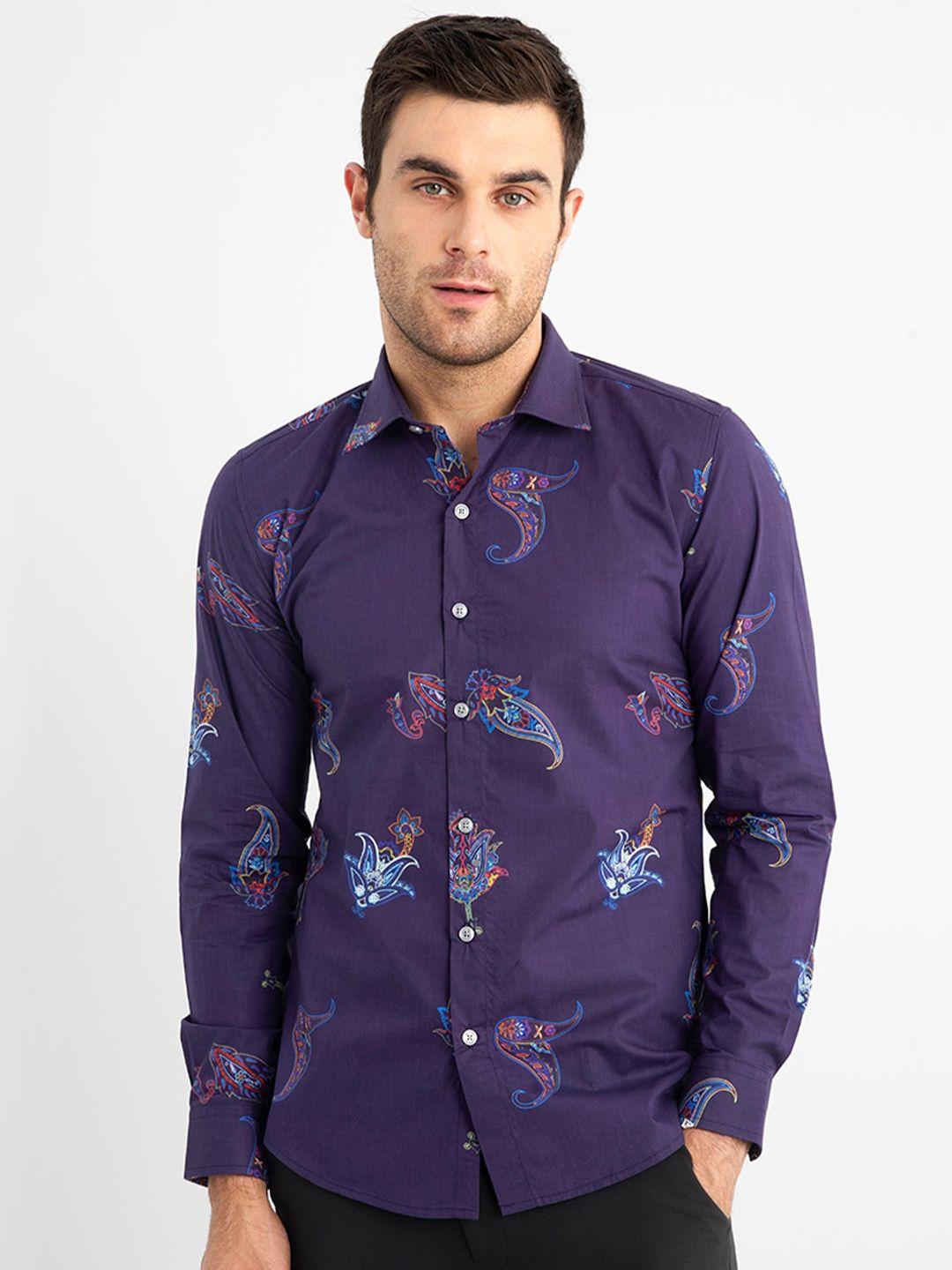 snitch purple & blue classic slim fit ethnic motifs printed casual cotton shirt