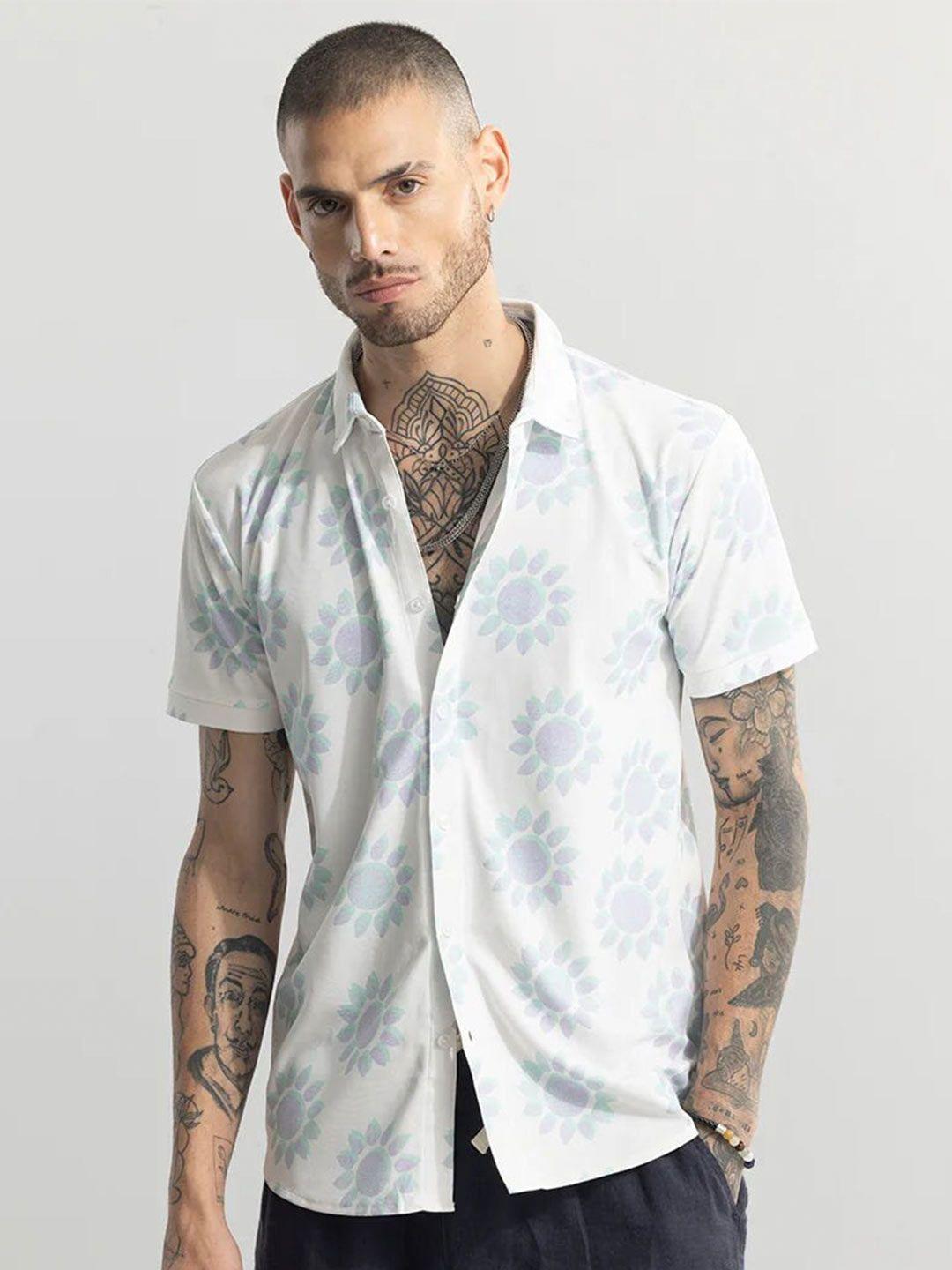snitch white classic slim fit floral printed casual shirt