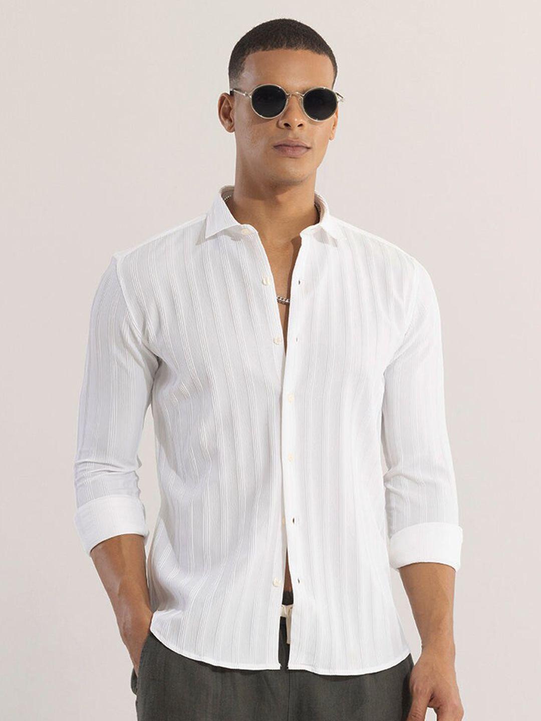 snitch  spread collar long sleeves classic slim fit striped casual shirt