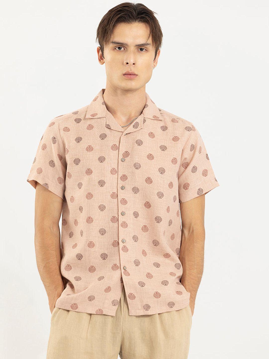 snitch beige classic boxy ethnic printed short sleeves pure cotton casual shirt