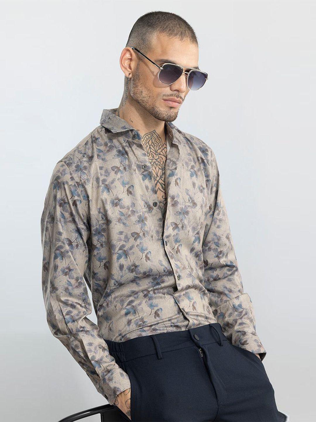 snitch beige classic slim fit floral printed cotton casual shirt