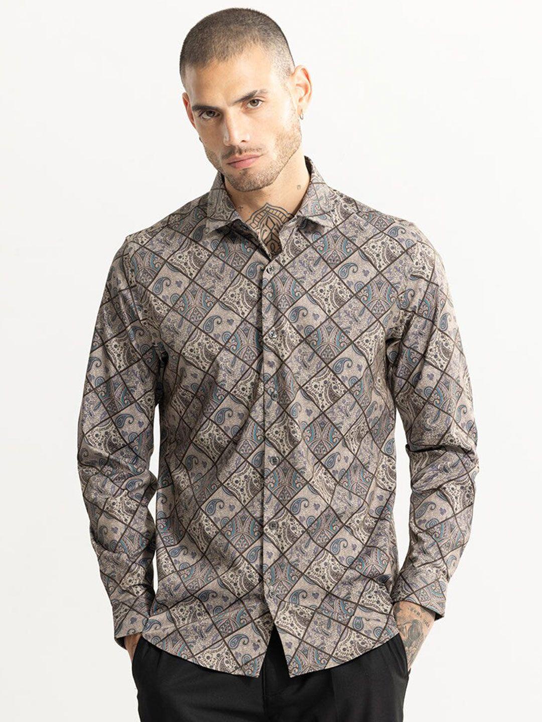 snitch beige classic slim fit printed cotton casual shirt