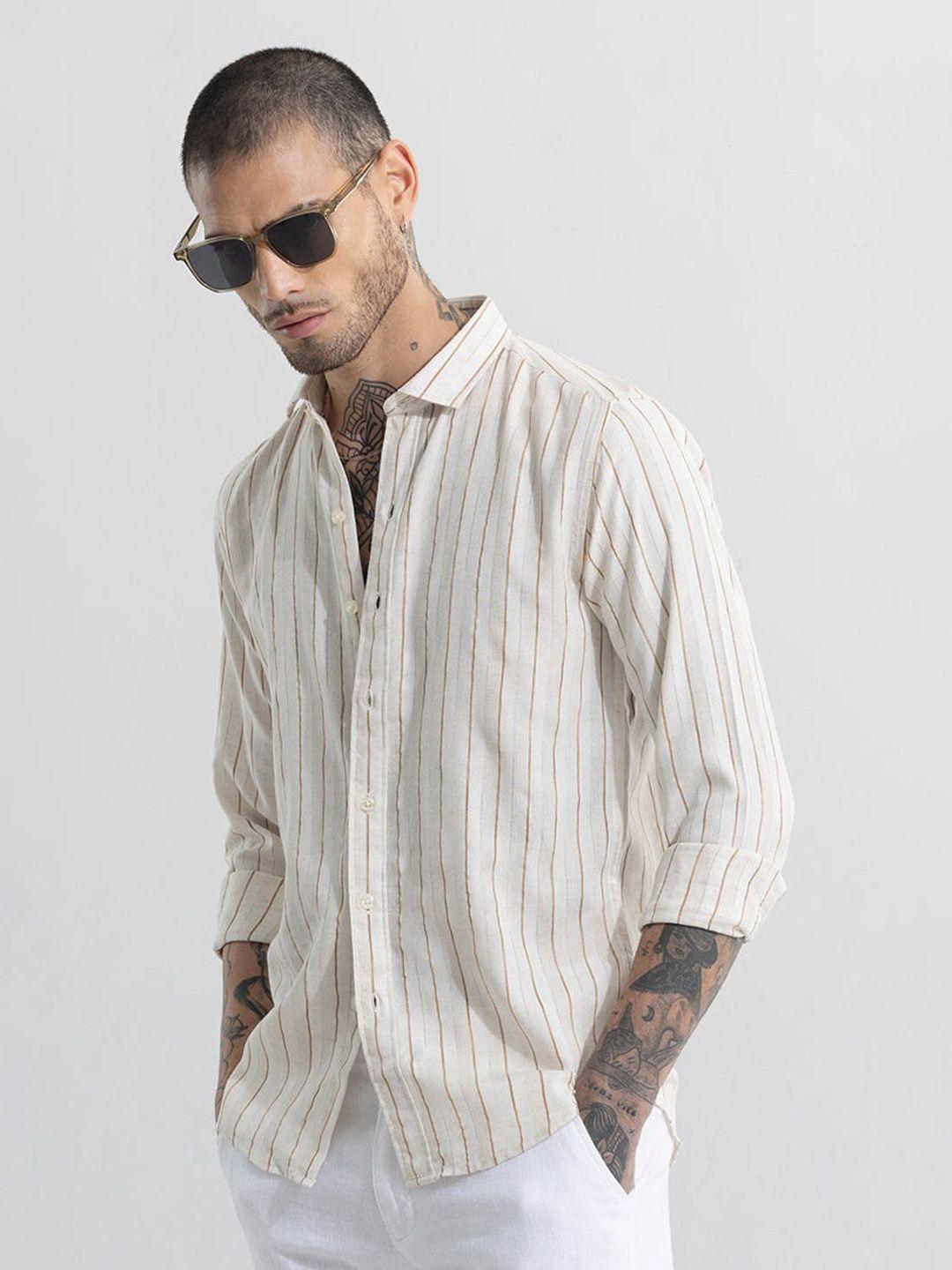 snitch beige classic slim fit striped linen cotton casual shirt