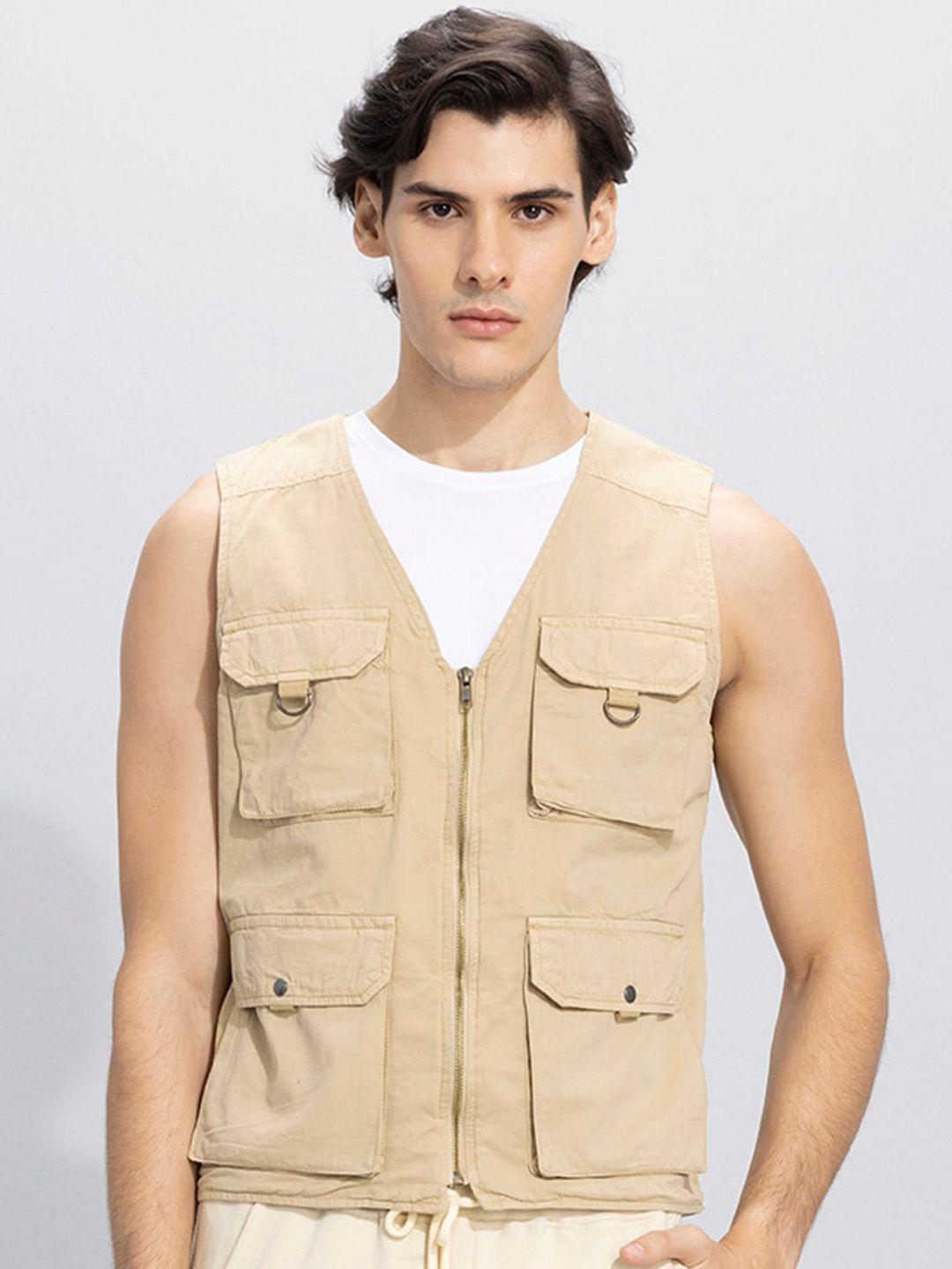 snitch beige lightweight denim open front gilet jacket