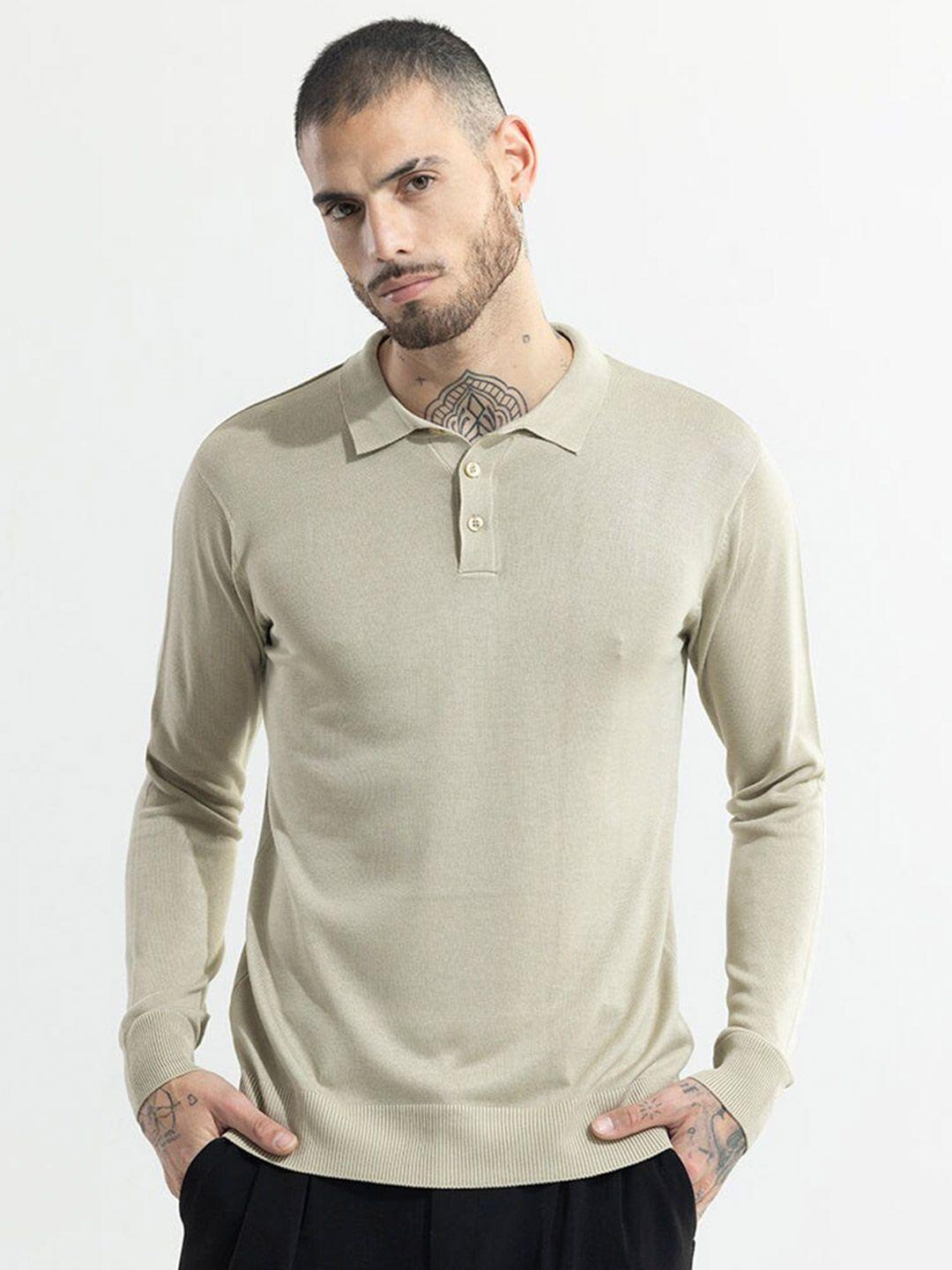 snitch beige polo collar slim fit cotton t-shirt