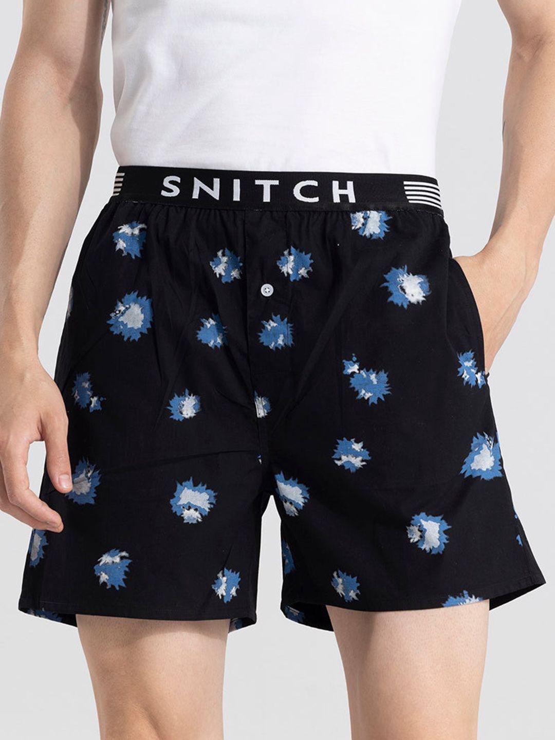snitch black & blue printed cotton outer elastic boxers 4msbx9217-01-s