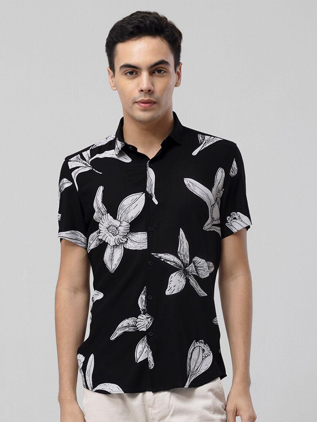 snitch black & white floral printed slim fit casual shirt