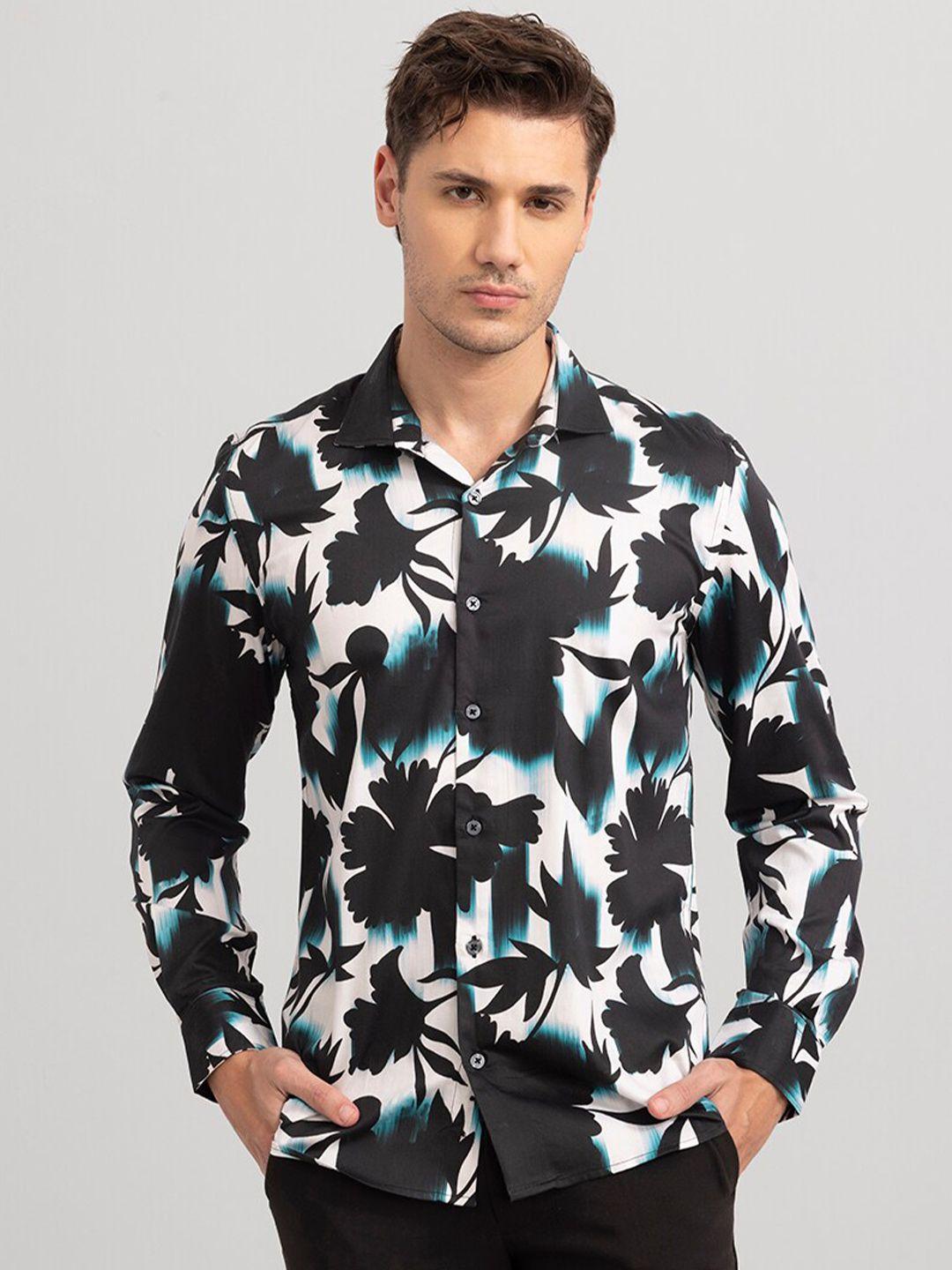 snitch black & white floral printed slim fit cotton casual shirt