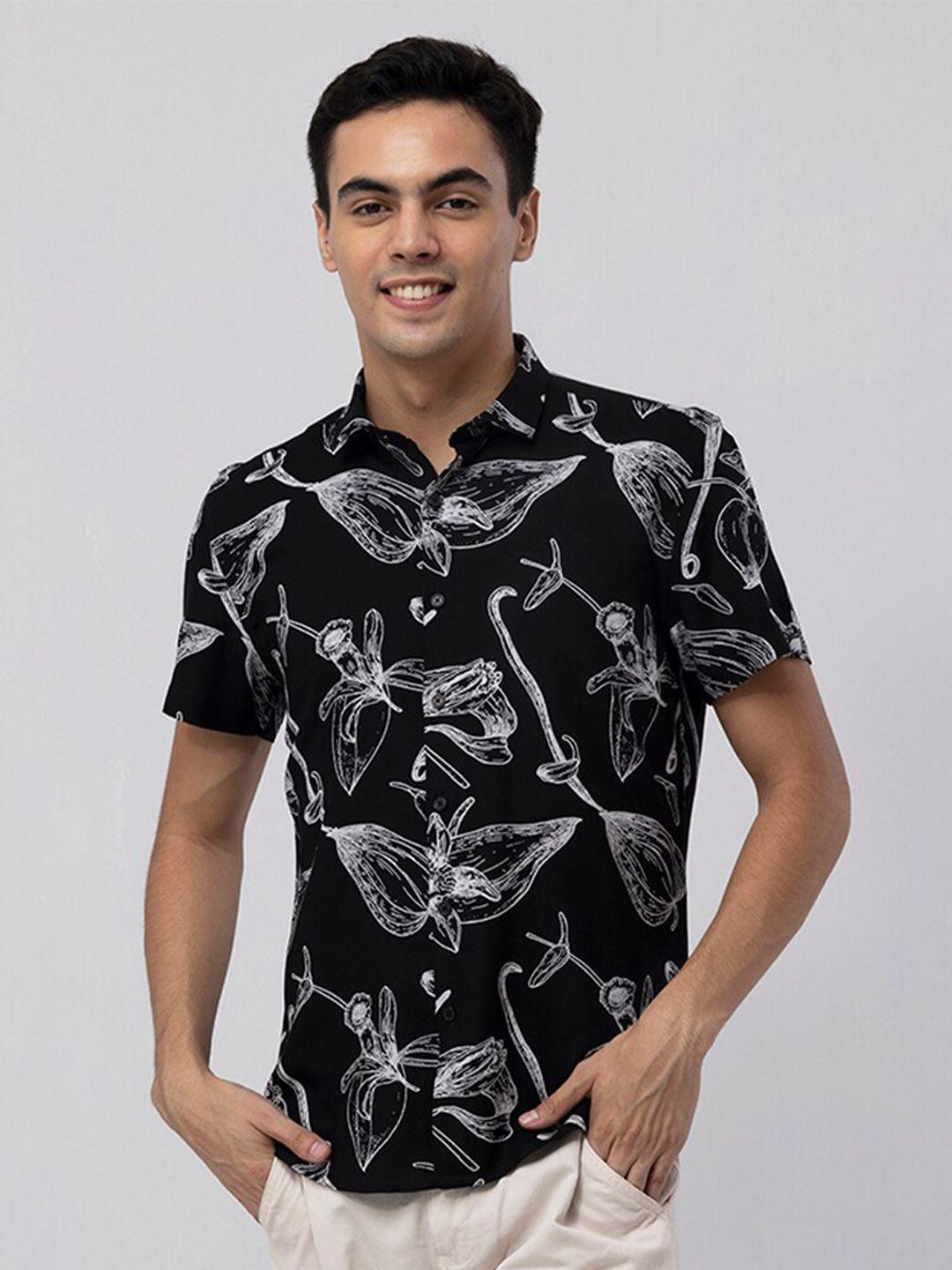 snitch black & white slim fit floral printed casual shirt