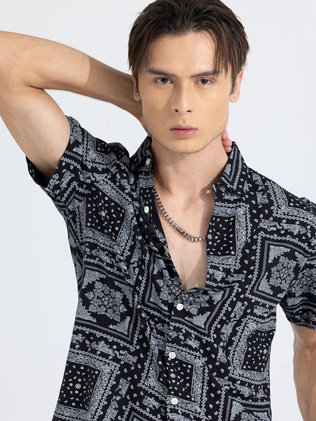 snitch black classic ethnic motifs printed casual shirt