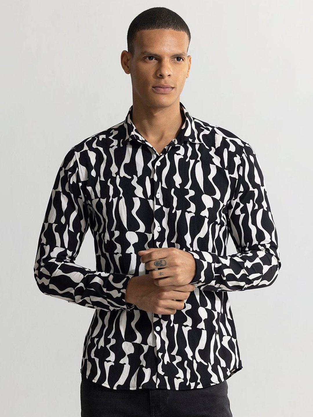 snitch black classic slim fit abstract printed casual shirt