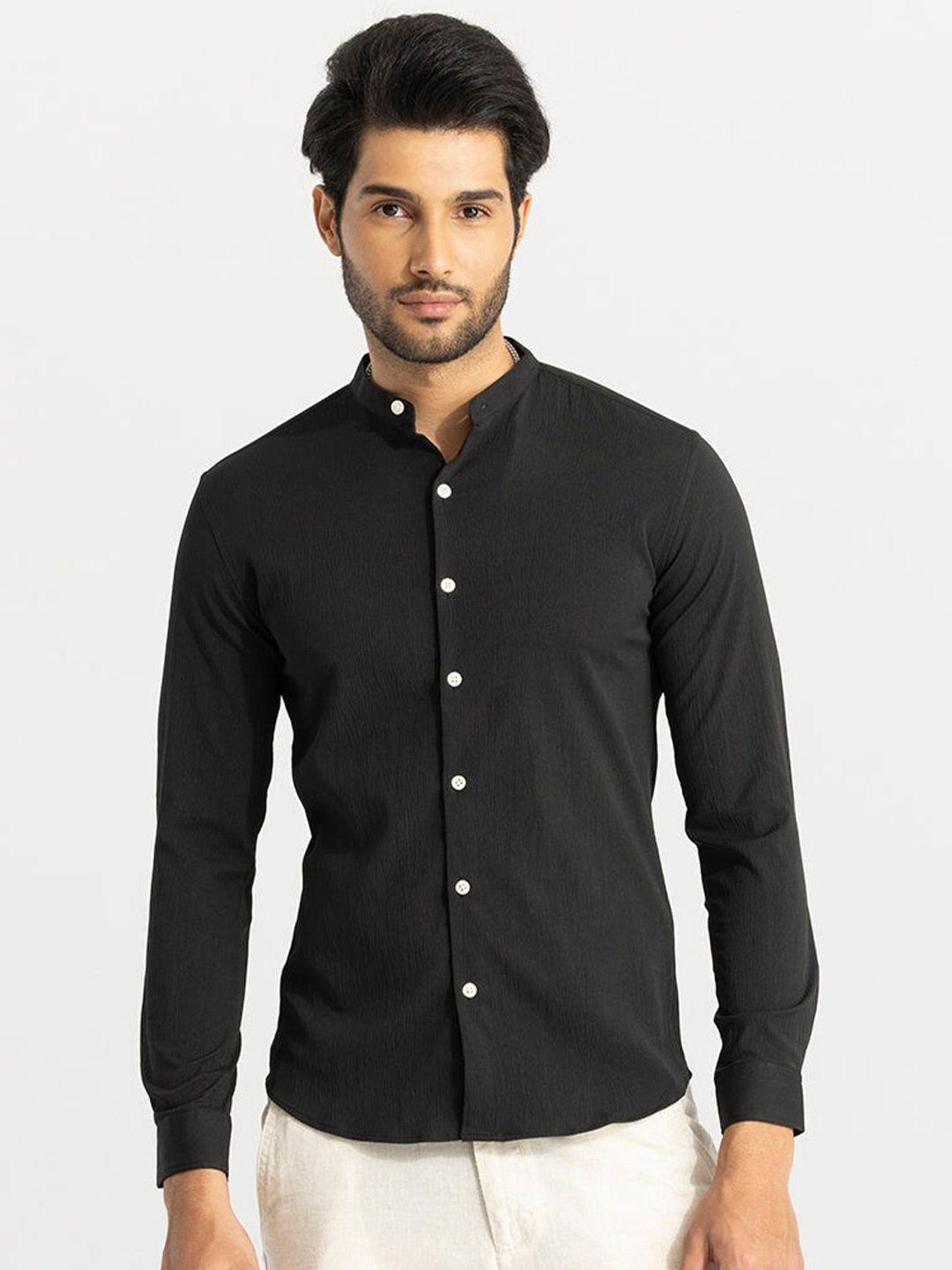 snitch black classic slim fit band collar cotton casual shirt