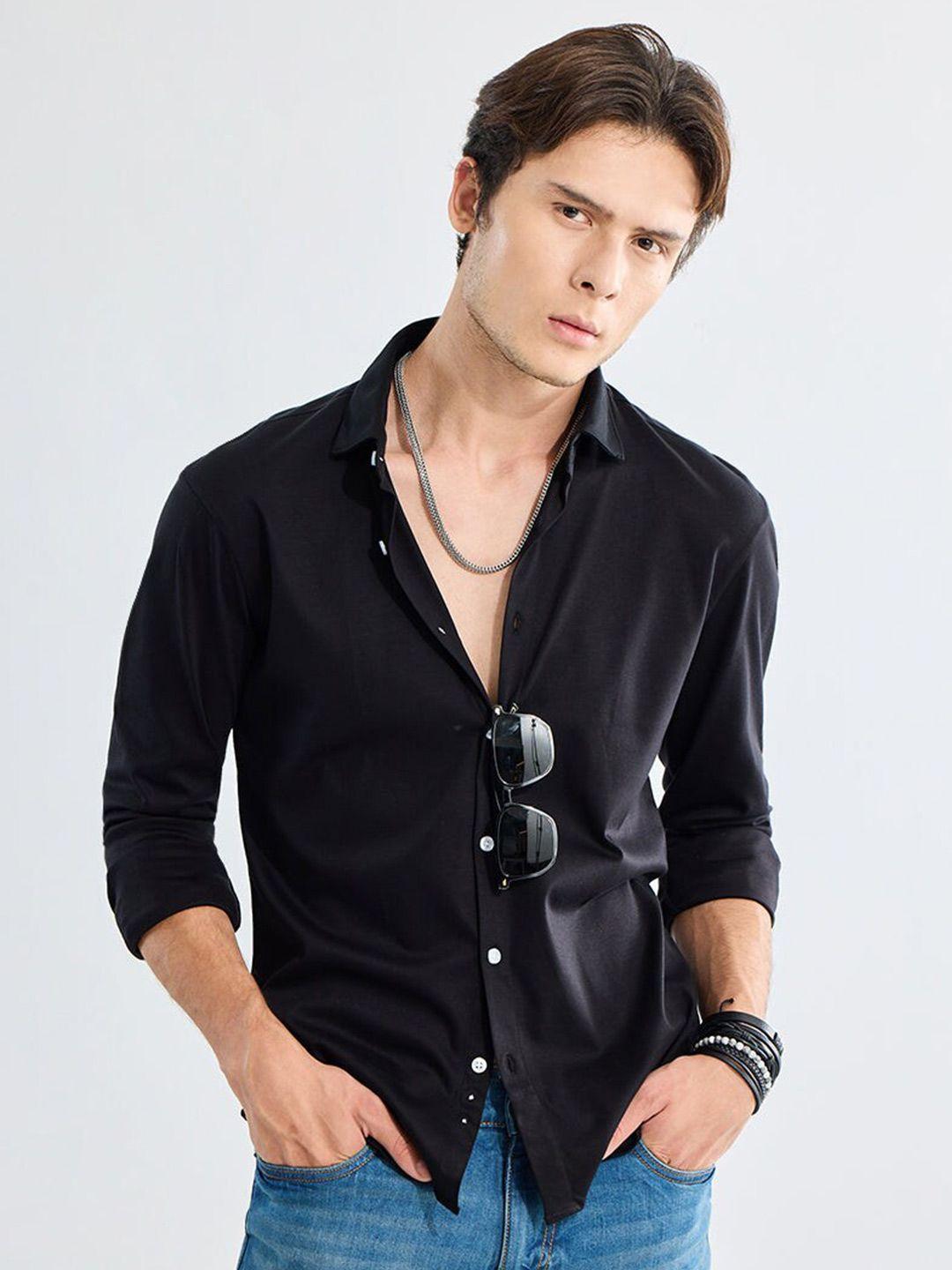 snitch black classic slim fit cotton casual shirt