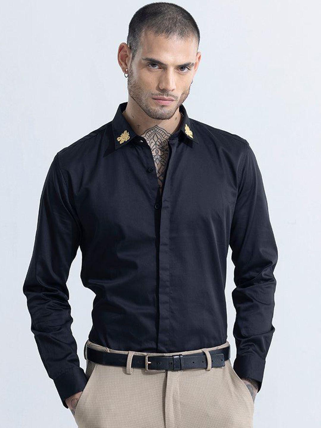 snitch black classic slim fit embroidered cotton casual shirt