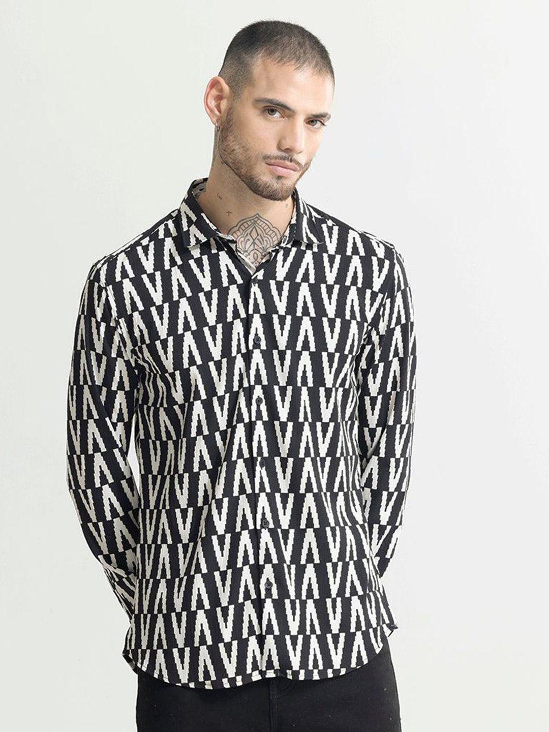 snitch black classic slim fit geometric printed casual shirt