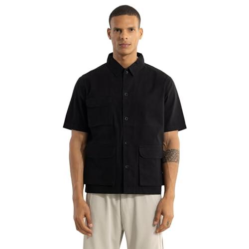 snitch black solid cotton regular jacket