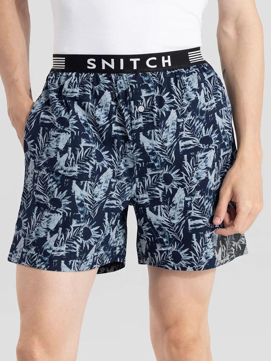 snitch blue & grey printed cotton outer elastic boxers 4msbx9217-06-s