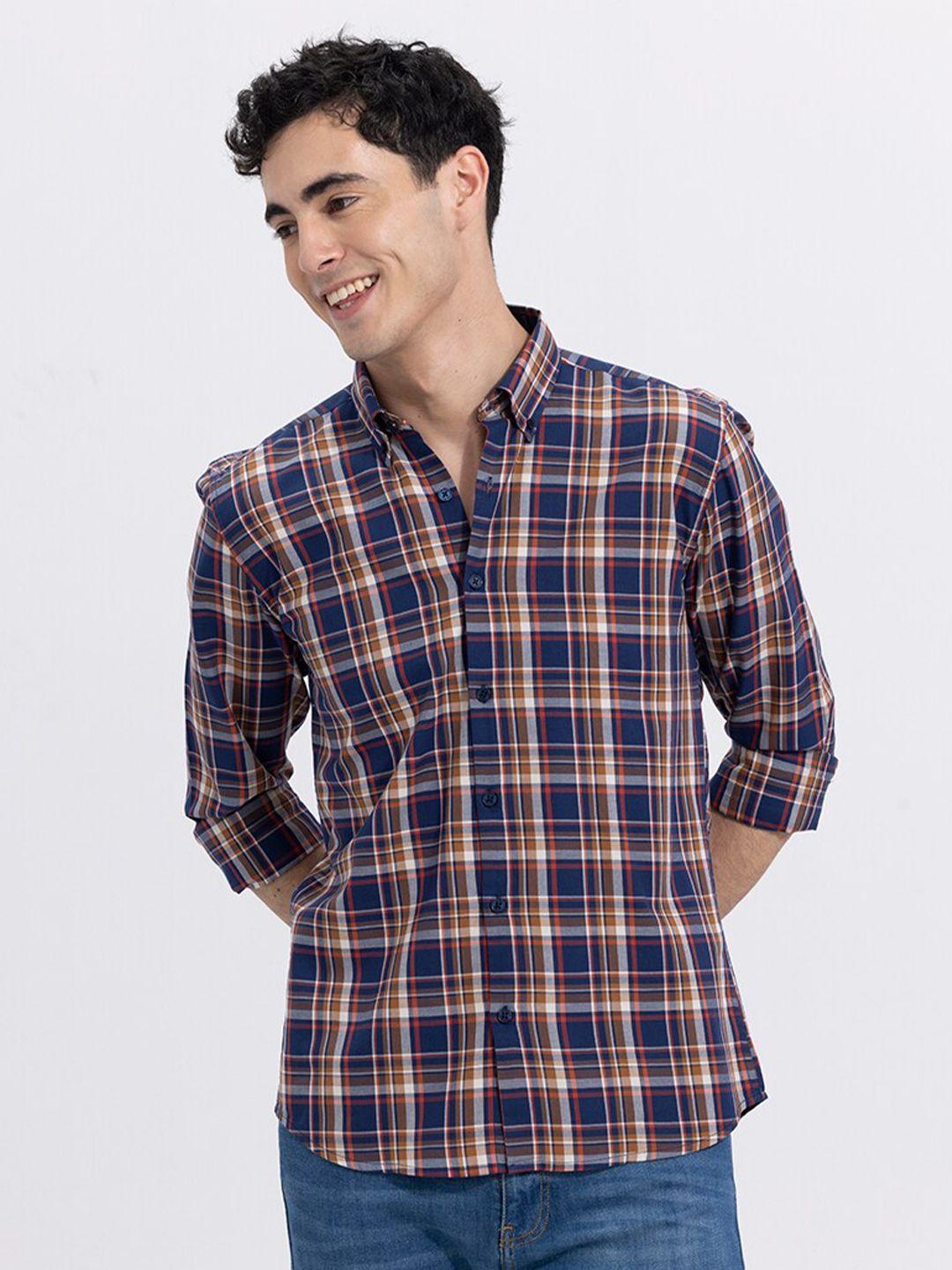 snitch blue & red slim fit tartan checked casual cotton shirt