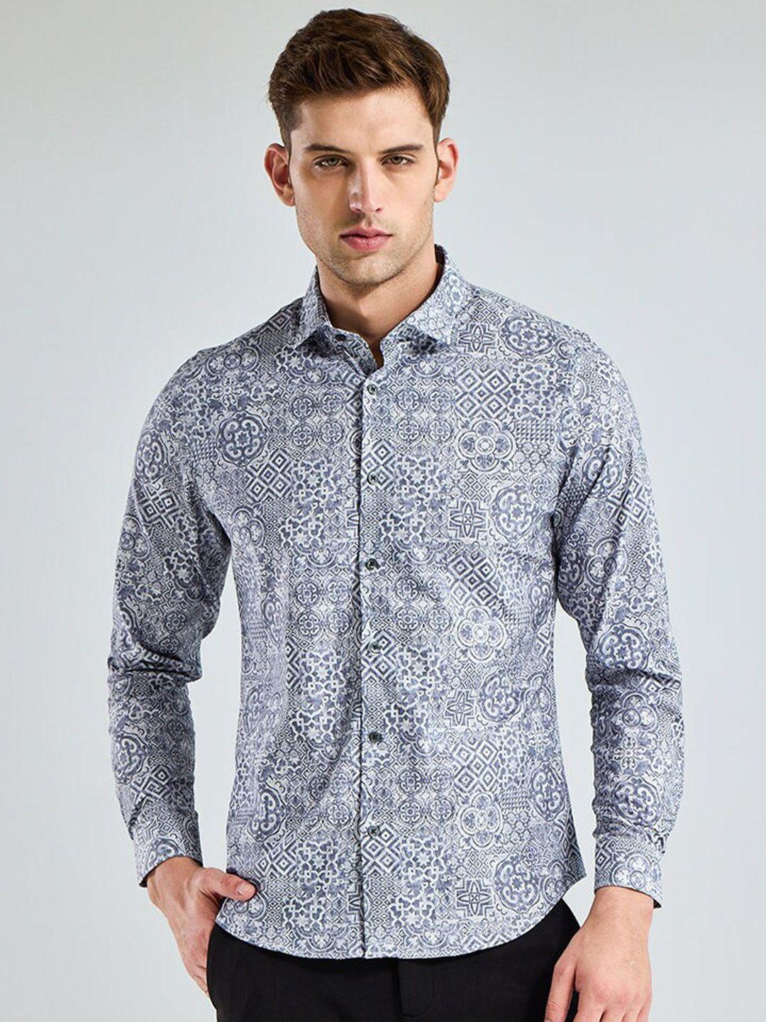 snitch blue classic slim fit ethnic motifs printed casual shirt