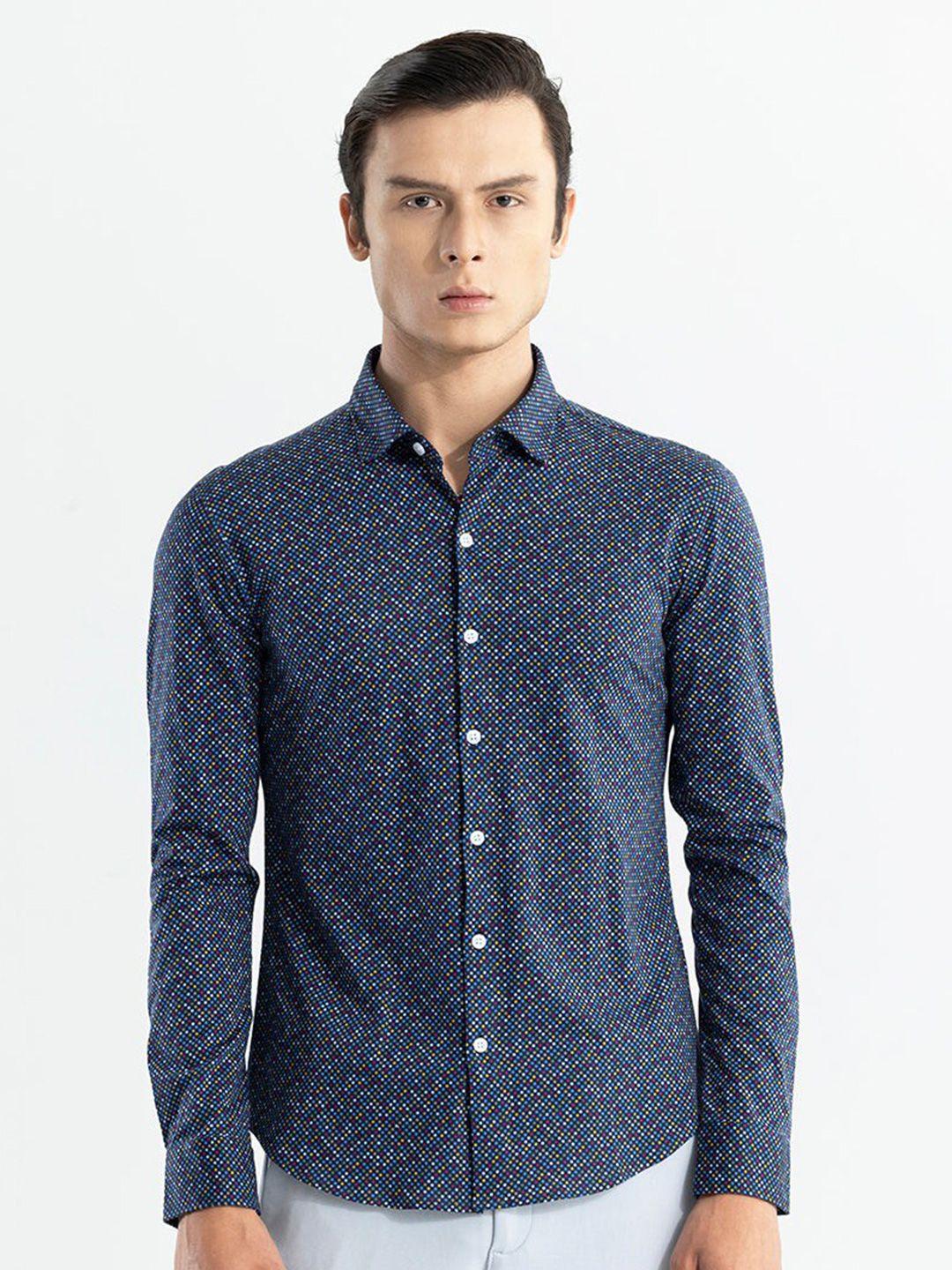 snitch blue classic slim fit polka dots printed cotton casual shirt