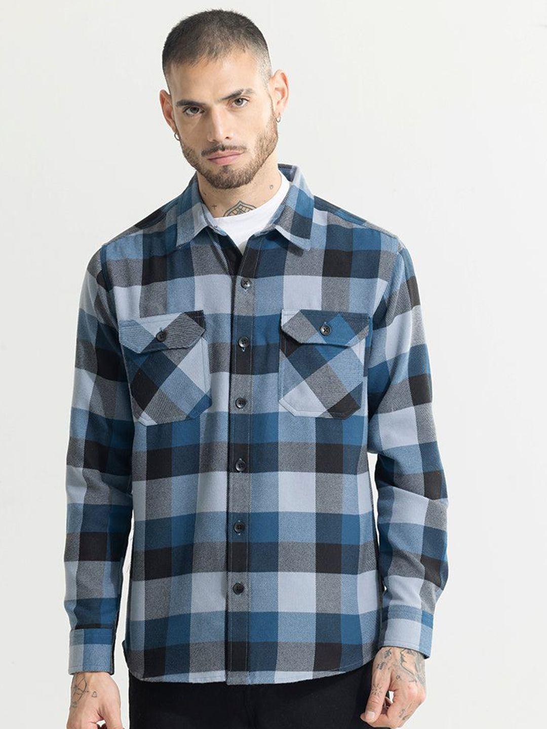 snitch blue classic slim fit tartan checked cotton shacket