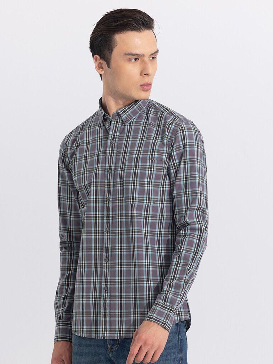 snitch blue classic slim fit tartan checked pure cotton casual shirt