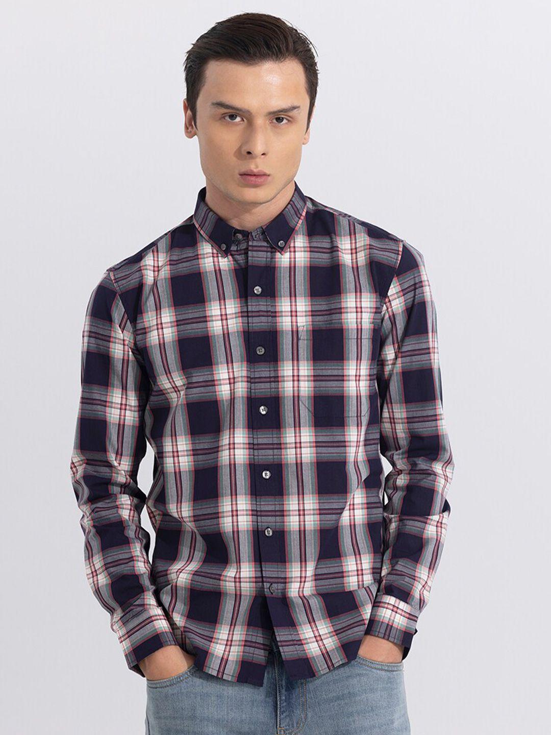 snitch blue classic slim fit tartan checked pure cotton casual shirt