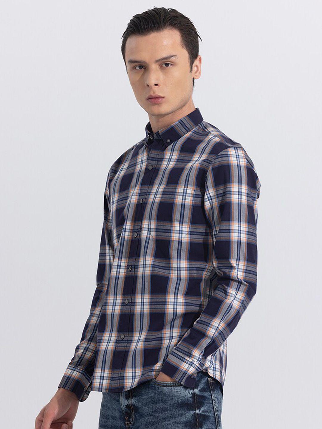 snitch blue classic slim fit tartan checked pure cotton casual shirt