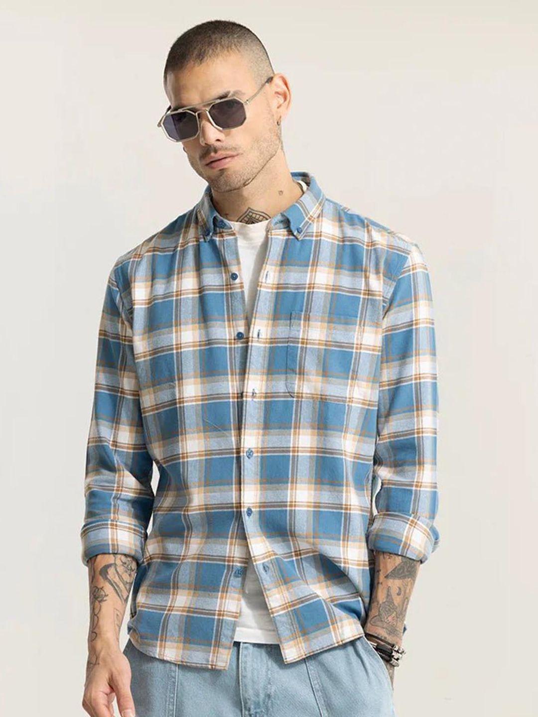 snitch blue classic slim fit tartan checked pure cotton casual shirt