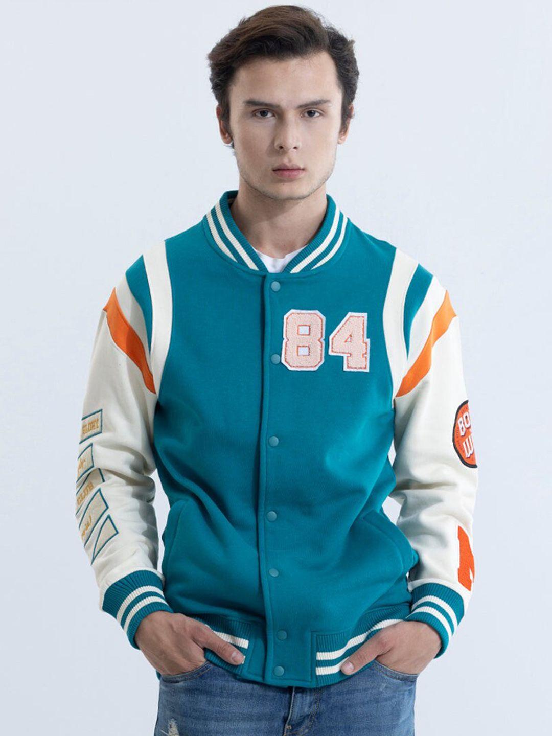 snitch blue geometric printed long sleeves pure cotton varsity jacket