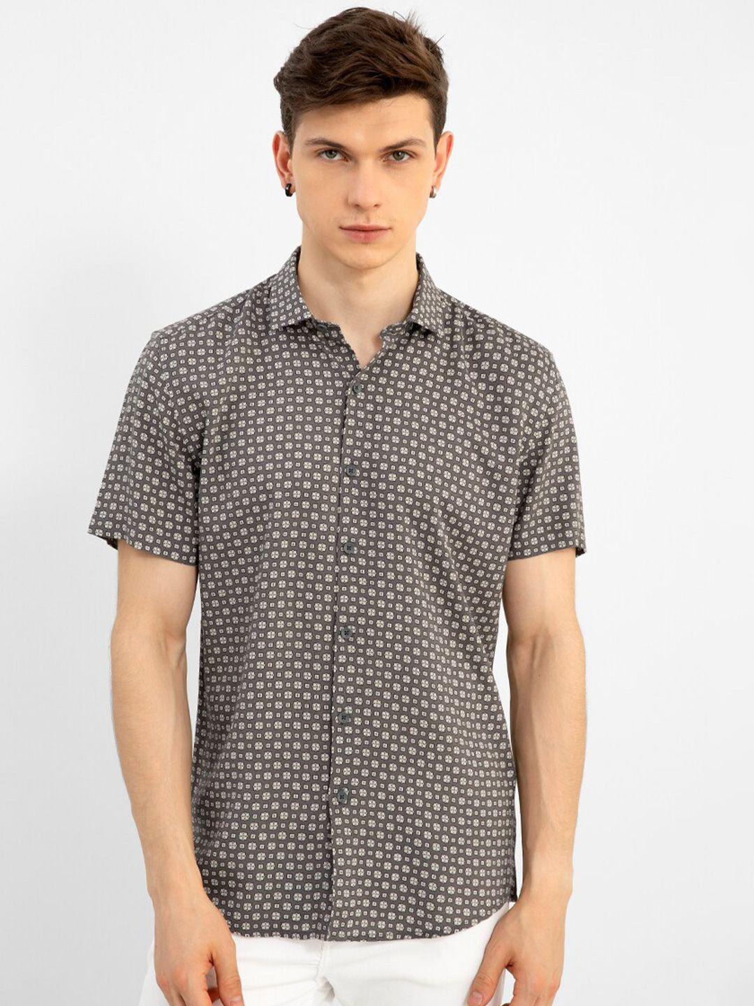 snitch blue slim fit geometric printed casual shirt