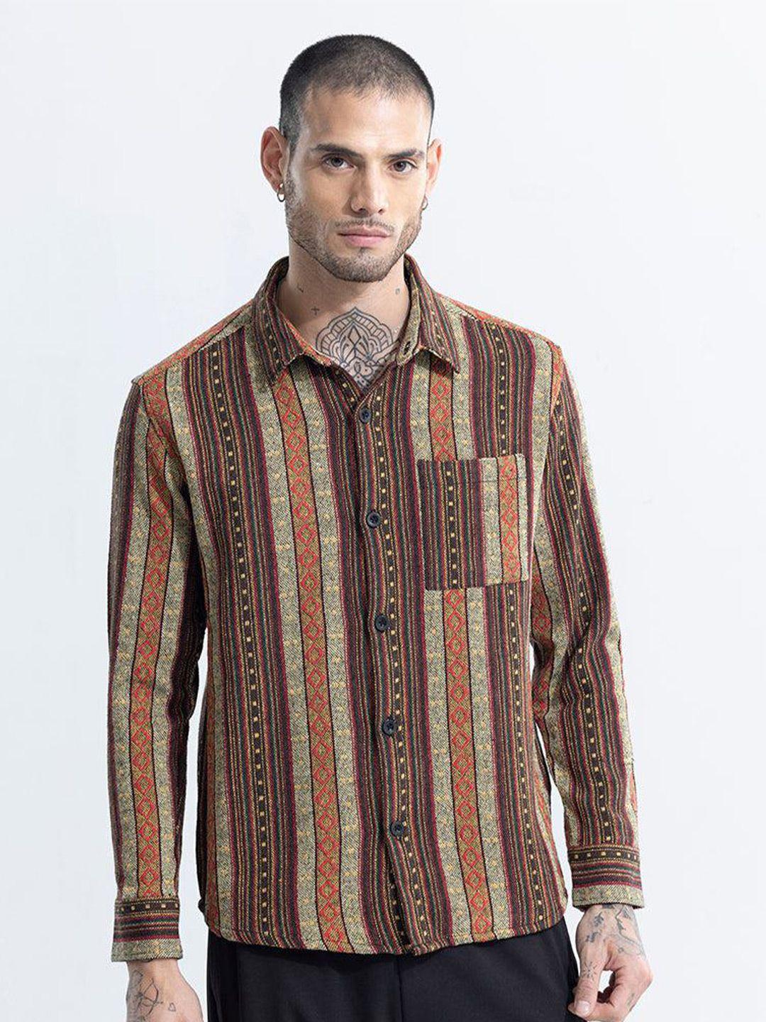 snitch brown classic oversized printed spread collar long sleeves cotton casual shirt