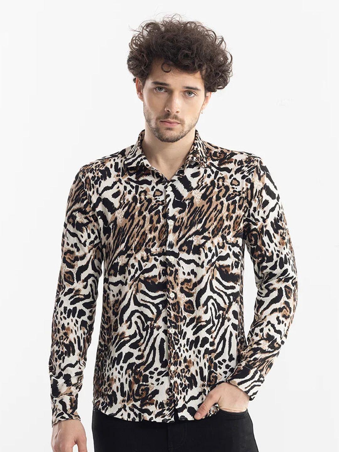 snitch brown classic slim fit animal printed casual shirt