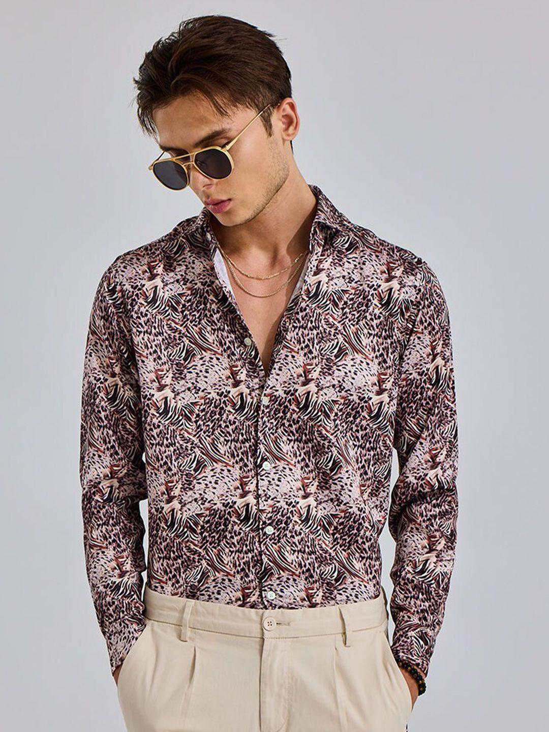 snitch brown classic slim fit animal printed casual shirt