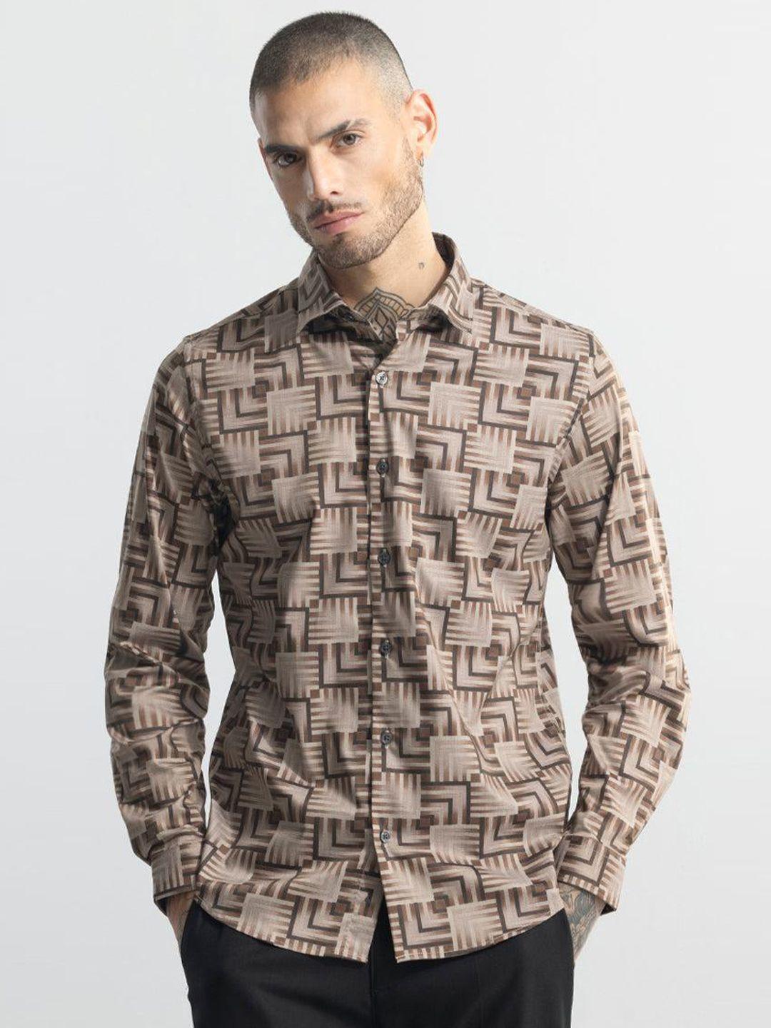 snitch brown classic slim fit geometric printed cotton casual shirt