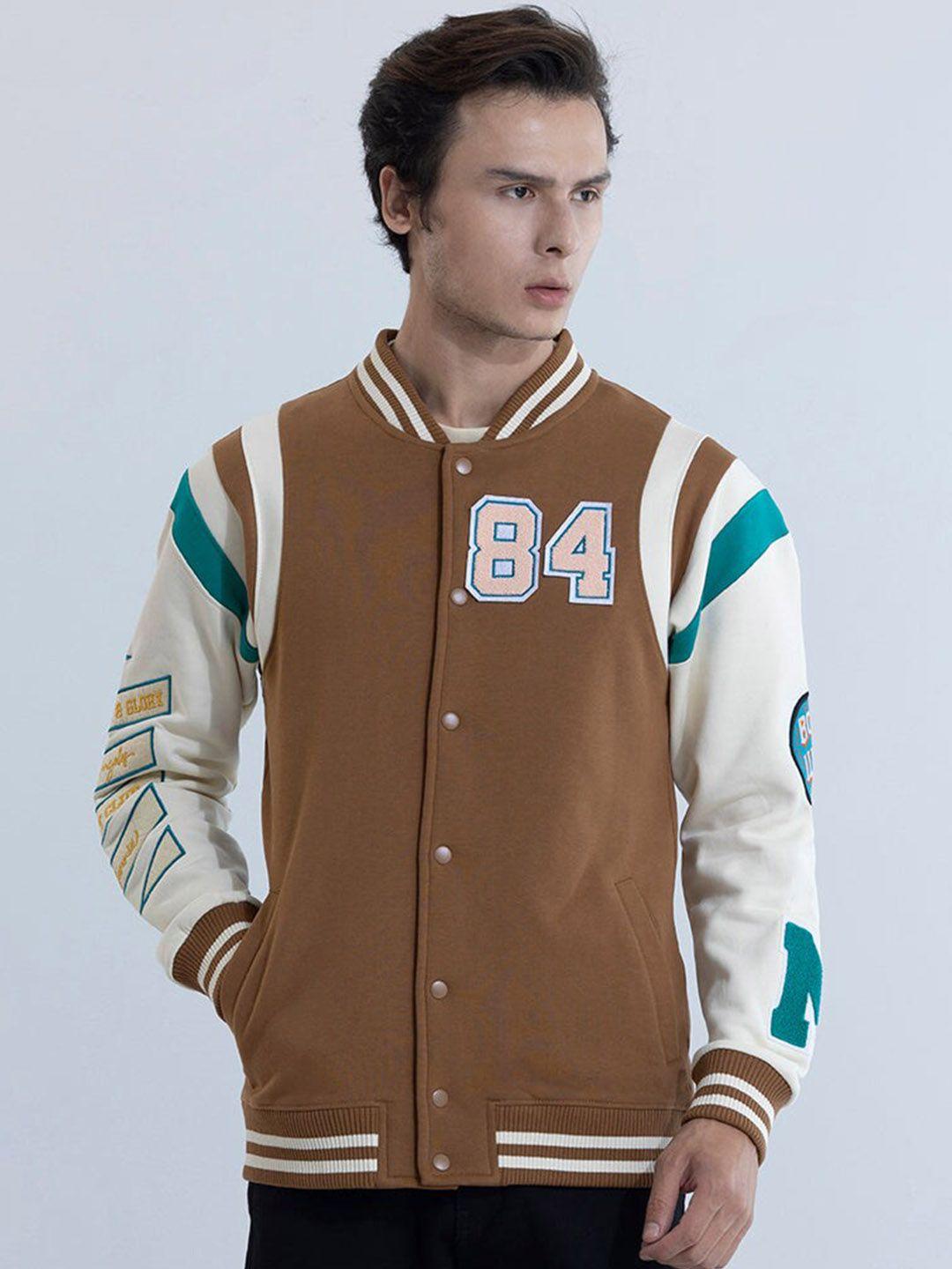 snitch brown geometric printed long sleeves pure cotton varsity jacket