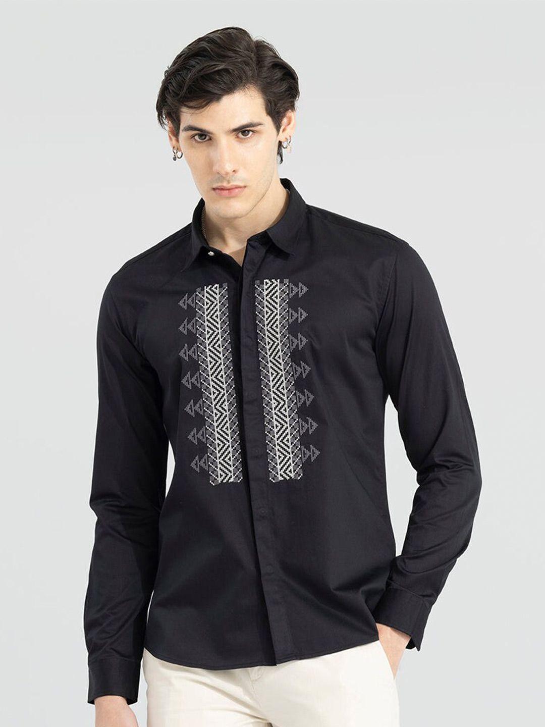 snitch classic ethnic motifs embroidered spread collar casual shirt