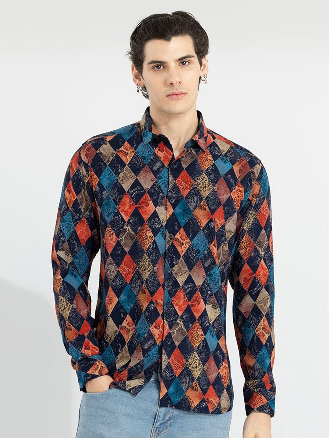 snitch classic geometric printed slim fit casual shirt