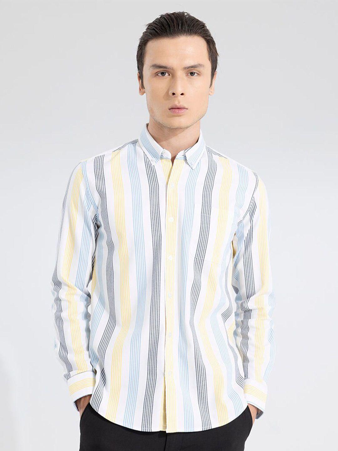 snitch classic slim fit button-down collar striped printed cotton casual shirt