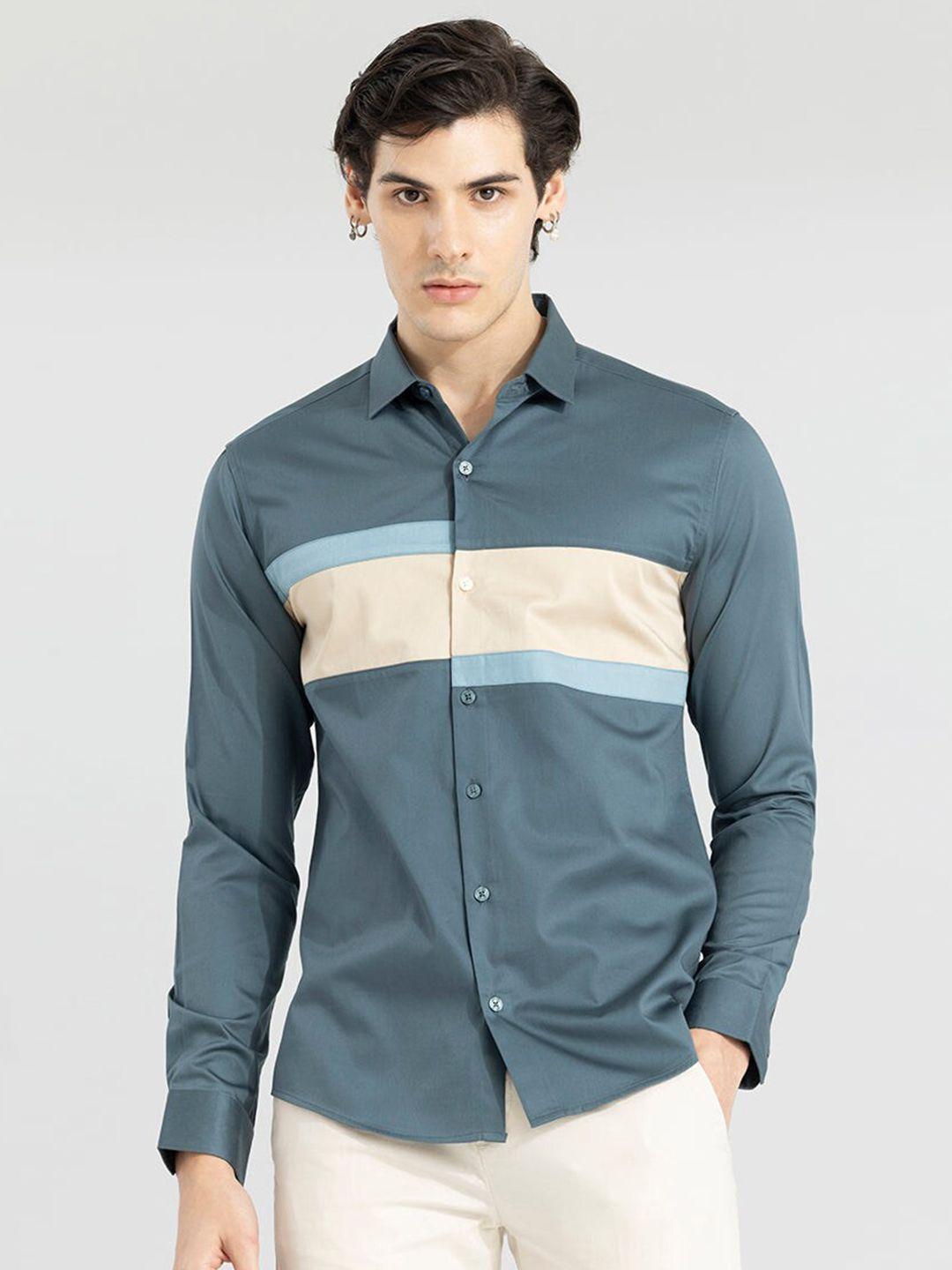 snitch classic slim fit colourblocked pure cotton casual shirt