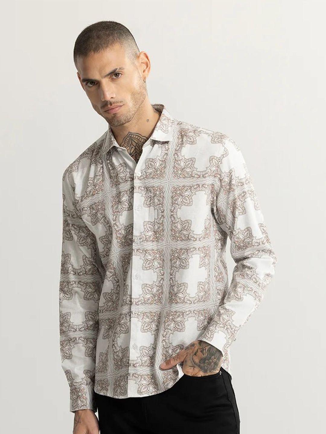 snitch classic slim fit ethnic motifs printed pure cotton casual shirt